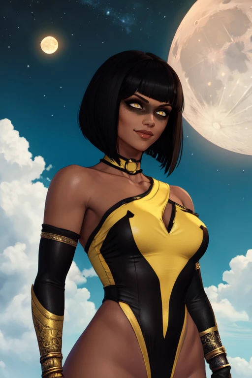 Tanya,black bobcut,white eyes,standing,black eyeshadow, 
yellow and black leotard,bare shoulders,choker,jewelry,gauntlets,  smile, 
stars,cloudy,moon, 
 (insanely detailed, beautiful detailed face, masterpiece, best quality), <lora:Tanya-08v5:0.7>
