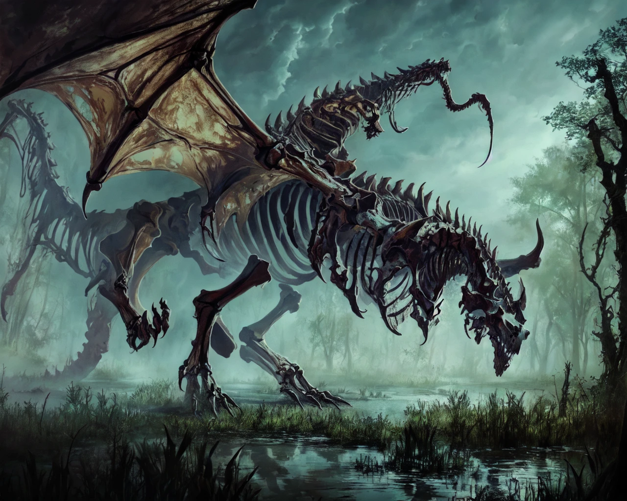 bone dragon in a swamp,
(masterpiece), best quality, highres, 4k, 8k, Detailed Illustration, intricate detail, cinematic lighting, amazing quality, amazing shading, soft lighting <lora:Classic Dragons:0.8>