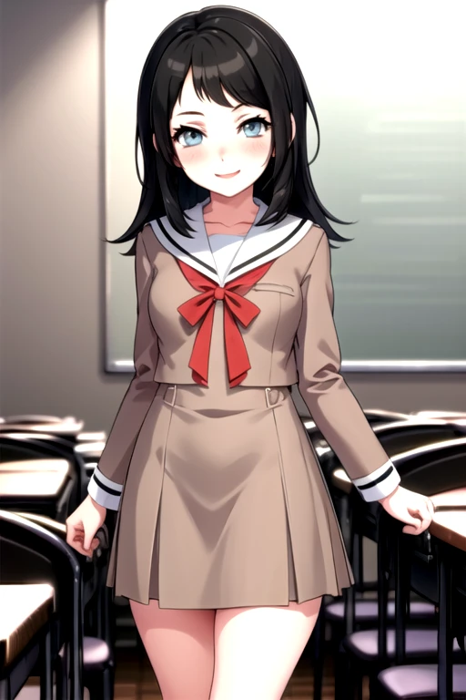 <lora:UmiriYahata-04:0.7>, ,umiriyahata, looking at viewer, school uniform, hanasakigawa school uniform,serafuku, brown dress, smile, light blush, blush, classroom