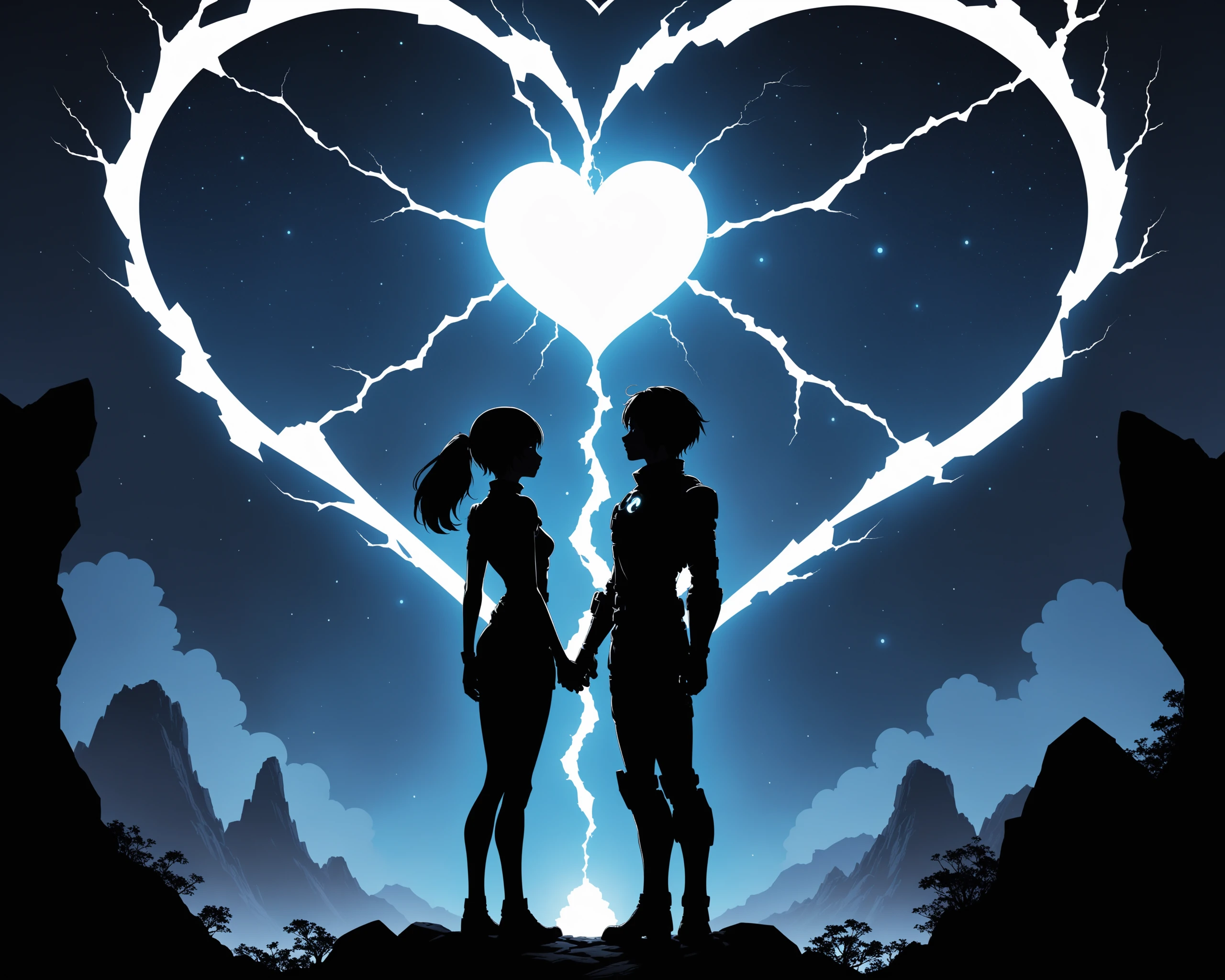 manga,  inspired by Makoto Niwano,
Encounter Like a Rendezvous (in Another World), firefall, cracked earth, couple, silhouette, symbolism, heart, 
(best quality:1.3), (highres:1.1), , inspiring, amazing, epic, minimalist illustration,