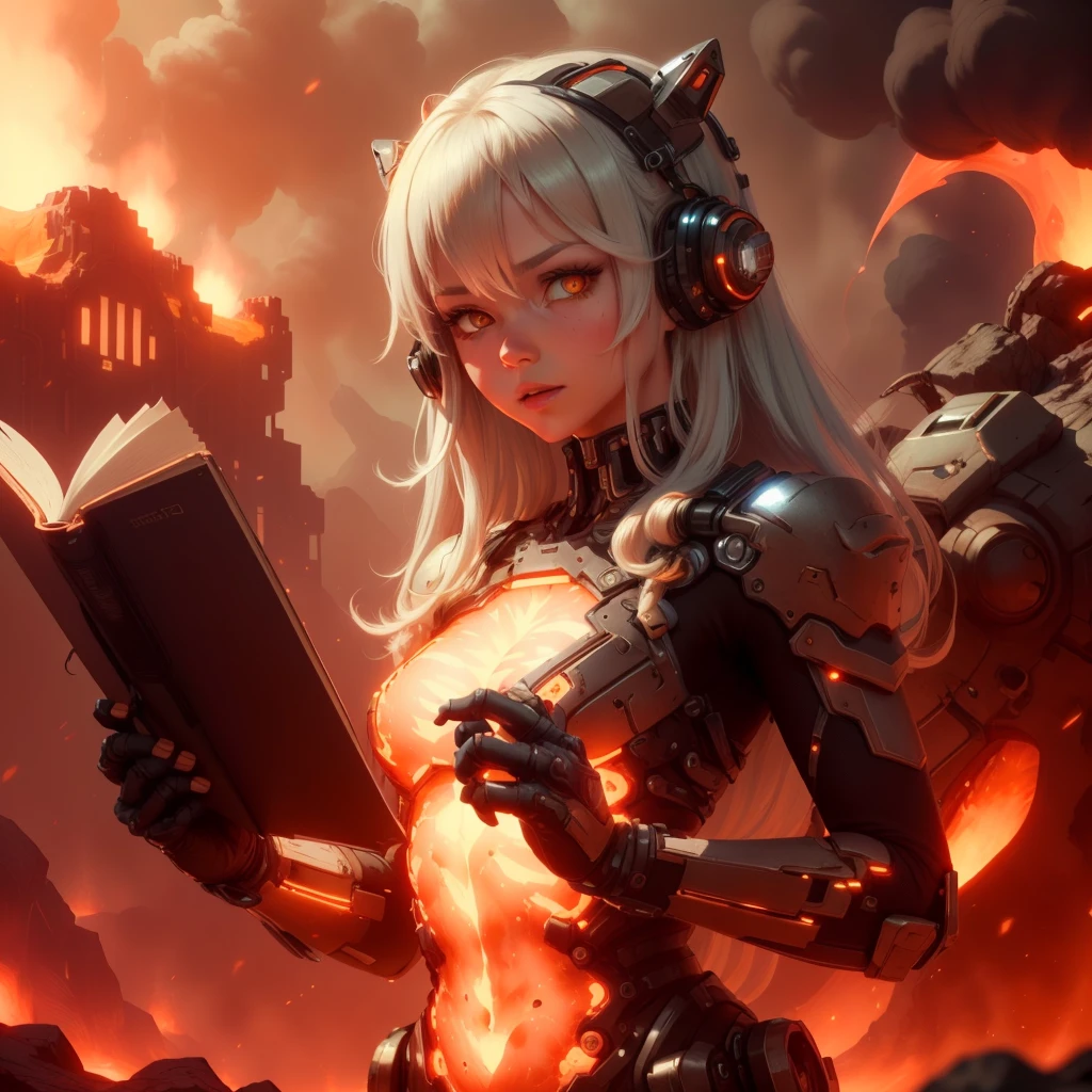 <lora:ExoMagmaTech-20:0.8>, exomagmatech , scifi, lava made , translucent ,cowboy shot,
scholar , scroll, 1girl,long hair, white hair, glowing eyes, yellow eyes,upper body,