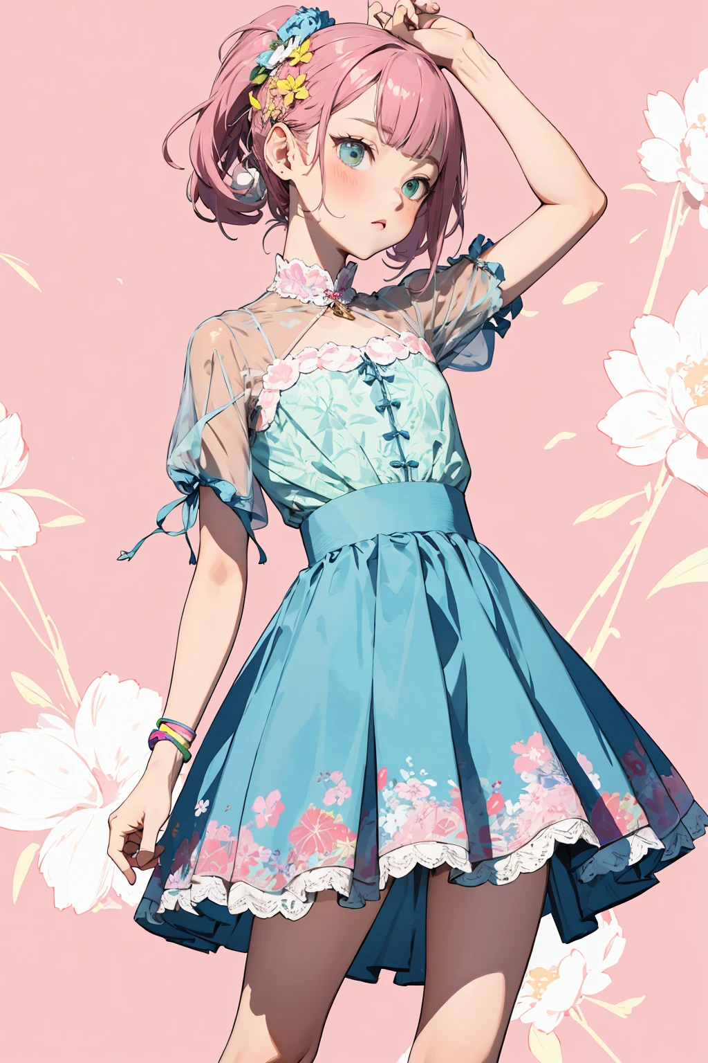 1girl, , (flat color:1.3), clear, vivid
BREAK
, girly style, lace dresses, pastel colors, floral prints, high-waisted skirts, ballet flats, delicate accessories