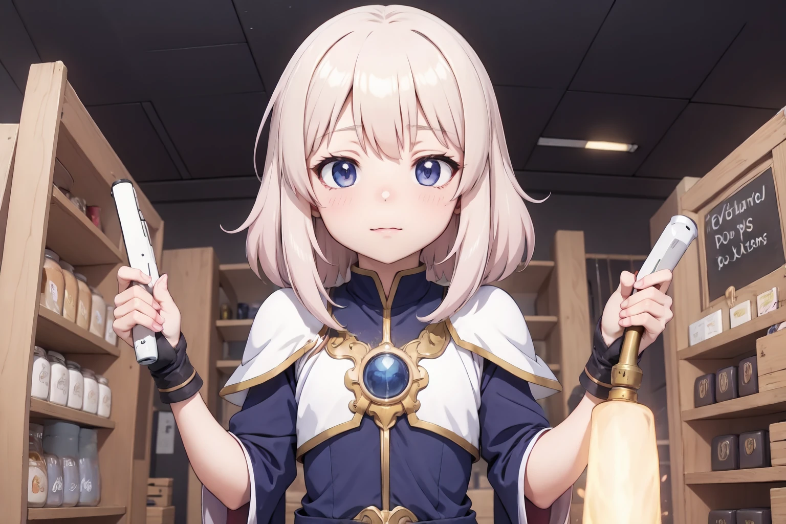 masterpiece, best quality, alchemist girl in her store selling things, ultra detailed fantasy, rpg-7, radiating a glowing aura global illumination, copic, upper body, (realistic_nose:-1), (anime coloring:1.2), (flat_color:1)