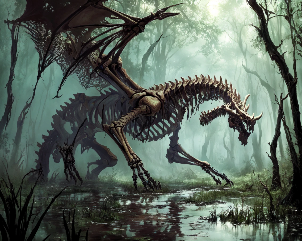 bone dragon in a swamp,
(masterpiece), best quality, highres, 4k, 8k, Detailed Illustration, intricate detail, cinematic lighting, amazing quality, amazing shading, soft lighting <lora:Classic Dragons:0.8>