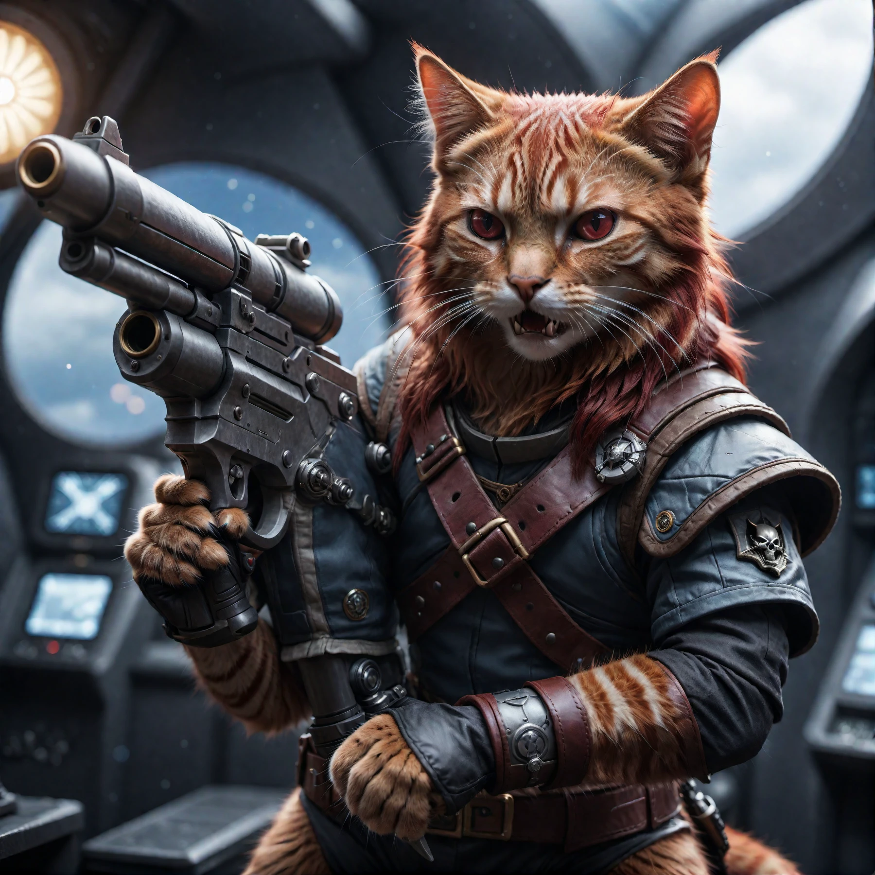 cinematic photo a detailed  award winning photo, cute red haired cat space pirate on his spaceship ,realistic fur, fangs , angry, holding a big futuristic gun, epic pose, high quality photography, 3 point lighting, flash with softbox, 4k, Canon EOS R3, hdr, smooth, sharp focus, high resolution, award winning photo, 80mm, f2.8, bokeh . 35mm photograph, film, bokeh, professional, 4k, highly detailed