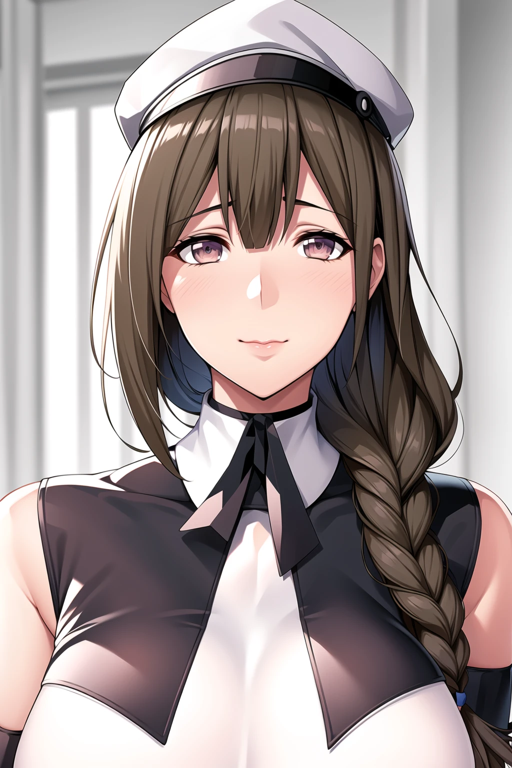 Simple Background, White Background,
(white shirt:1.3) ,black pants,sleeveless, bare shoulders,elbow gloves,Black_tie,Pencil_skirt,thighhighs, pantyhose,
<lora:Kuwayama_Chiyuki-152-KK77-V1:0.7>,kuwayama chiyuki,peaked cap, purple headwear,
Brown_hair,single braid, brown eyes,Bangs,
<lora:Oda_Non_Style-KK77-V2:0.3>,<lora:more_details:0.1>,
1 girl, 20yo,Young female,Beautiful Finger,Beautiful long legs,Beautiful body,Beautiful Nose,Beautiful character design, perfect eyes, perfect face,expressive eyes,perfect balance,
looking at viewer,(Focus on her face),closed mouth, (innocent_big_eyes:1.0),Light_Smile,
official art,extremely detailed CG unity 8k wallpaper, perfect lighting,Colorful, Bright_Front_face_Lighting,White skin,
(masterpiece:1.0),(best_quality:1.0), ultra high res,4K,ultra-detailed,
photography, 8K, HDR, highres, absurdres:1.2, Kodak portra 400, film grain, blurry background, bokeh:1.2, lens flare, (vibrant_color:1.2),professional photograph,
(Beautiful,huge_Breasts:1.4), (beautiful_face:1.5),(narrow_waist),