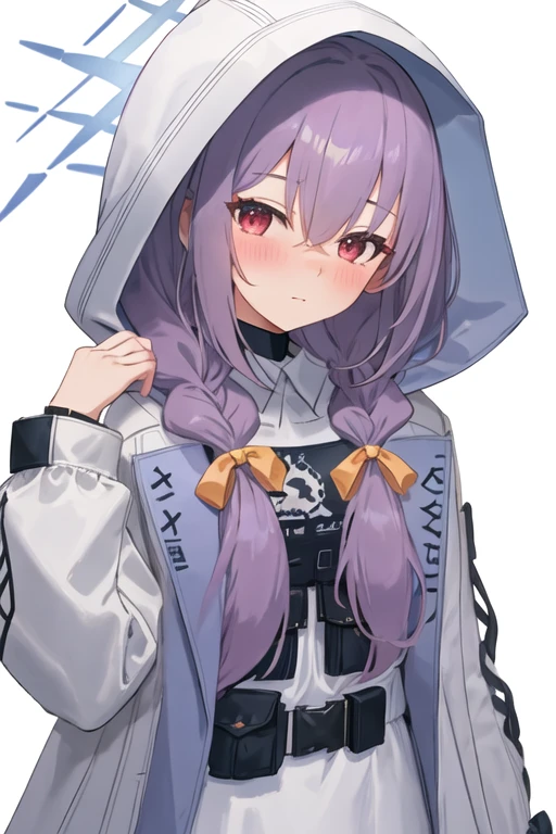 best quality, masterpiece, highres, solo, {atsuko_bluearchive:1.15}, long_hair, red_eyes, purple_hair, bangs, braid, twin_braids, halo, blush, hair_between_eyes, bow, low_twin_braids, hair_bow, closed_mouth, 1girl, hood, hood_up, hooded_jacket, jacket, looking_at_viewer, white_jacket, belt_pouch, long_sleeves, open_jacket, pouch, simple_background, white_background, yellow_bow, open_clothes, twintails, hooded_coat, low_twintails, shirt, tactical_clothes