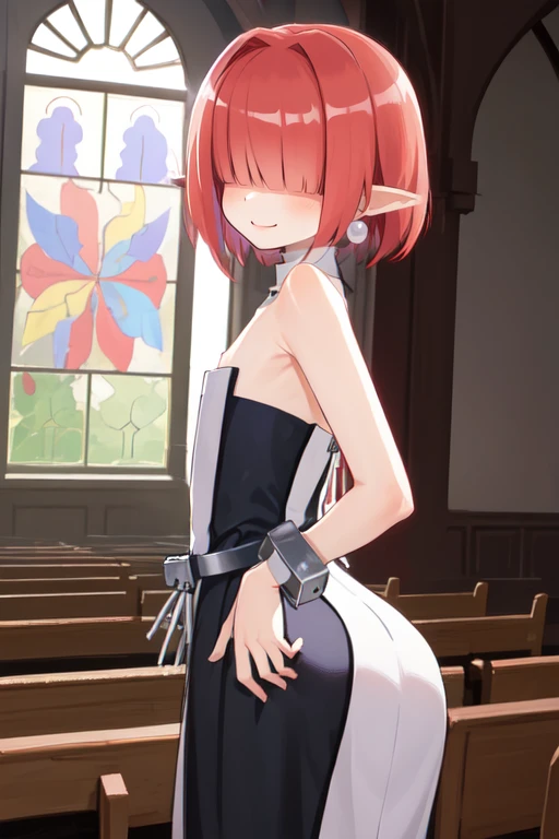 Clergy,flat chest ,pointy ears, hair over eyes , red hair, jewelry, short hair,
bare shoulders ,cuffs , black strapless dress ,shackles, smile,
upper body , hips, from behind, ass, cowboy shot, tight,
church, milky way, windows,
(insanely detailed, beautiful detailed face, masterpiece, best quality)
<lora:Clergy-10v5:0.7>