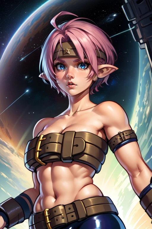 Valkyrie, pixie cut, headband, pointy ears, blue eyes, pink hair, plump, thick,
bare shoulders, bike shorts,midriff,beltbra,beltskirt, belt bracers, bike shorts,
outer space, stars, cowboy shot,
(insanely detailed, beautiful detailed face, masterpiece, best quality)
serious,
<lora:LadyFighter:0.7> standing, solo, upper body,