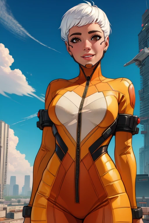 Valk, white hair, short hair, brown eyes,
orange bodysuit,
smile, tight,
upper body, standing, cowboy shot,
outside, clouds, cyberpunk, airbase,
(insanely detailed, beautiful detailed face, masterpiece, best quality) solo, <lora:ValkAPL:0.7>