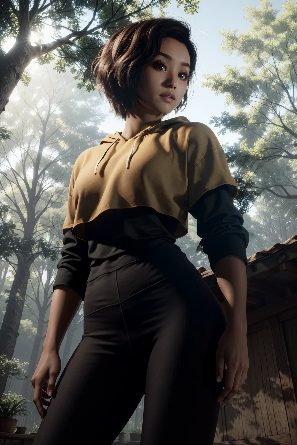 (masterpiece, best quality) <lora:epi_noiseoffset2:1> <lora:add_detail:0.7> <lora:QuarryKaitlyn:0.8>
QuarryKaitlyn, 1girl, solo, short hair, brown hair, shirt, holding, brown eyes, standing, cowboy shot, outdoors, pants, dark skin, hood, dark-skinned female, tree, hoodie, camera, handheld game console, very dark skin