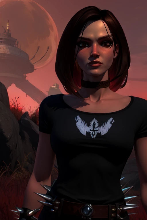 Ophelia, brown hair, brown eyes,
standing, upper body,  black shirt, black pants, spiked bracelet,  choker, belt, 
underworld, red sky, 
(insanely detailed, masterpiece, best quality), 
 <lora:Ophelia:0.7>