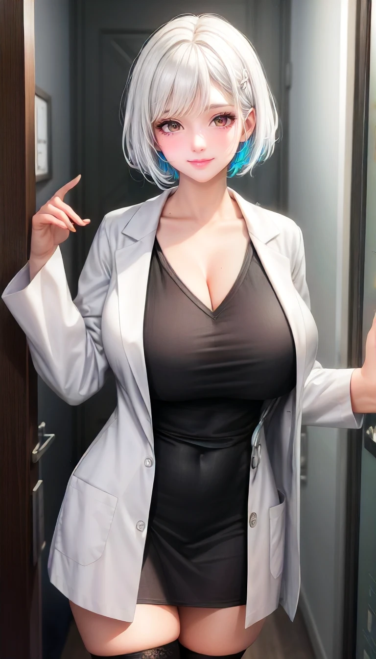 masterpiece, best quality, 
mature female, huge breasts, white hair, short hair, upper body, 
doctor uniform, doctor outfit, female doctor, short dress, collarbone, open uniform, labcoat, black thighhighs, 
[seductive smile], 
delicate, beautiful, colorful, vividcolor, lighting, <lora:add_detail:0.8>,