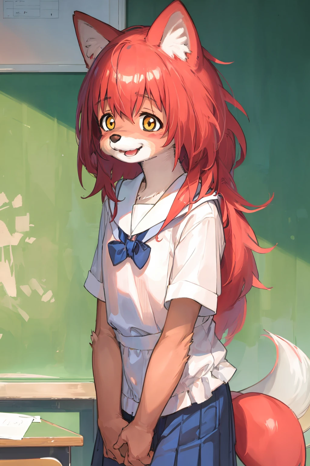 masterpiece, furchan, (furry:1.2), long hair, pink hair, tail, bangs, , (happy:1.1), classroom <lora:fur_chan v2.5-000002:0.98>