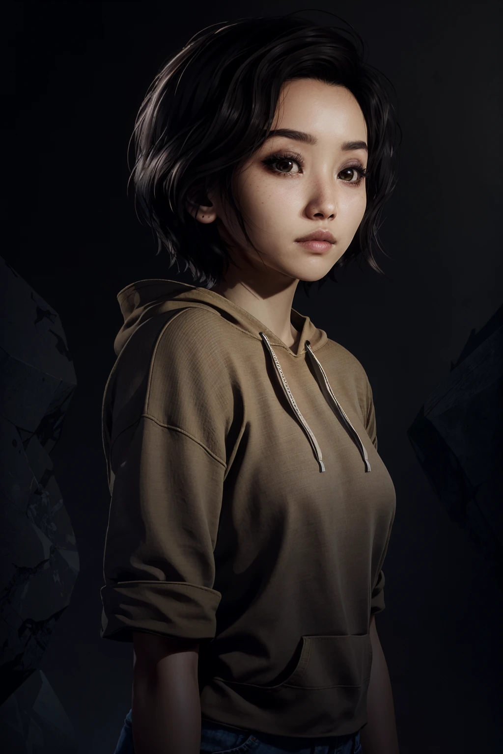 (masterpiece, best quality) <lora:epi_noiseoffset2:1> <lora:add_detail:0.7> <lora:QuarryKaitlyn:0.8>
QuarryKaitlyn, 1girl, solo, looking at viewer, short hair, simple background, black hair, closed mouth, upper body, hood, black eyes, lips, hoodie, hood down, black background, realistic, drawstring, dark, black hoodie