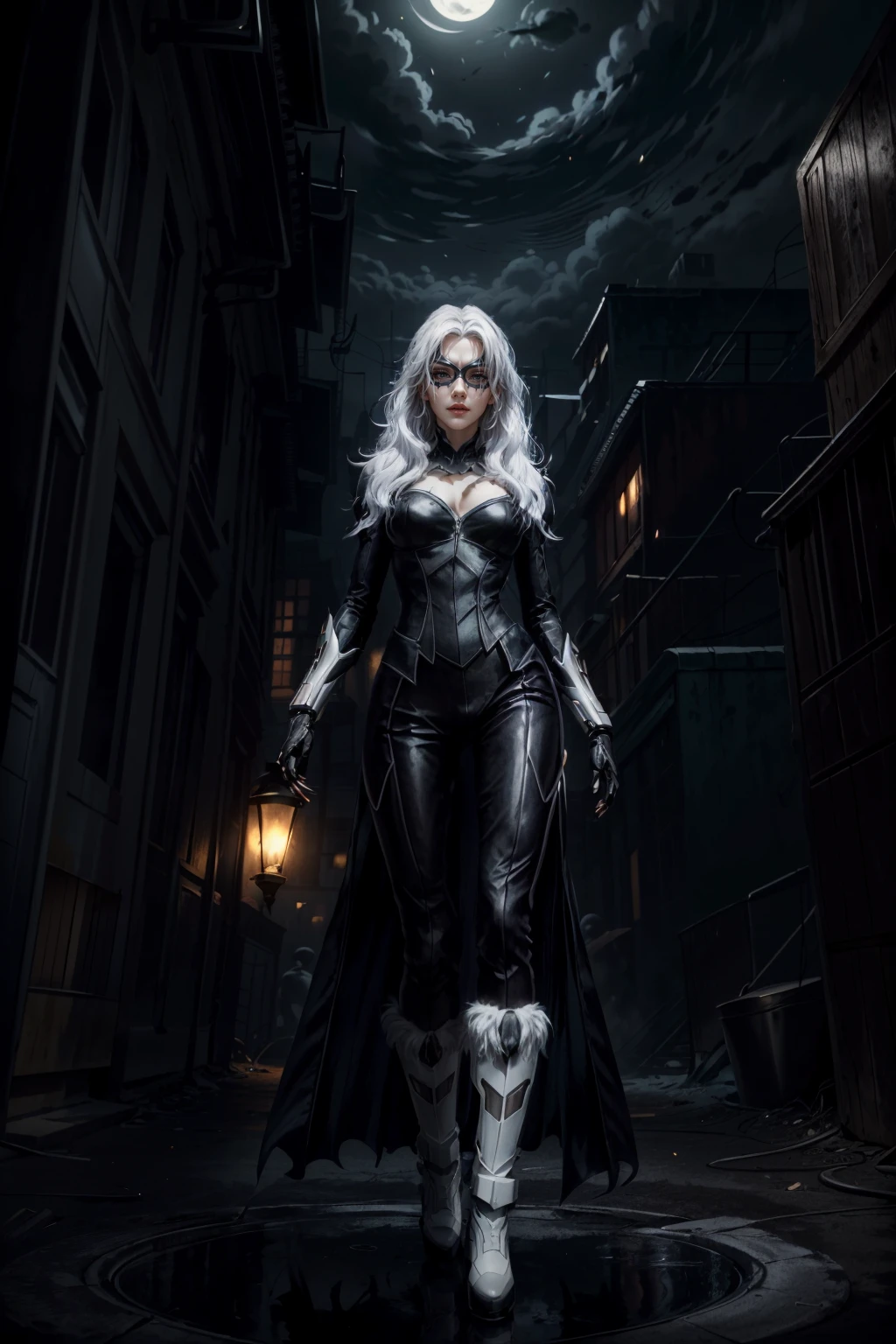 (masterpiece, best quality) <lora:epi_noiseoffset2:1> <lora:add_detail:0.7> <lora:MarvelBlackCat:0.8>
MarvelBlackCat, 1girl, solo, long hair, white hair, mask, seductive, standing in a dark forest, moonlight, rooftop, reflections, steam, epic composition, intricate, elegant, volumetric lighting, digital painting, highly