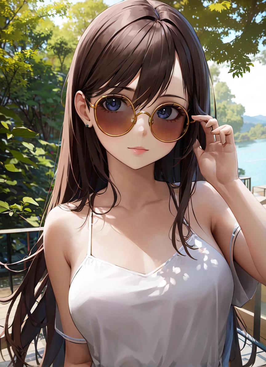 beautiful girl with purple eyes, 1girl, glasses beach, ocean, sunset, seashore, wet sand, waves crashing, palm trees, dramatic lighting, soft glowing skin, (best quality,4k,8k,highres,masterpiece:1.2),ultra-detailed,(realistic,photorealistic,photo-realistic:1.37),cinematic,vibrant colors,dramatic lighting,glowing skin,detailed facial features,long eyelashes,beautiful detailed eyes,beautiful detailed lips,extremely detailed eyes and face