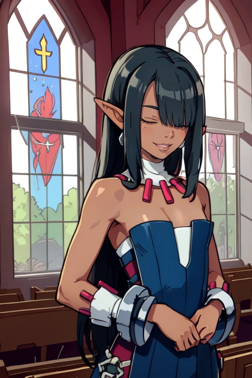 Clergy,flat chest ,pointy ears, hair over eyes ,black hair, jewelry. long hair, dark skin,
bare shoulders ,cuffs , green strapless dress ,shackles, smile,
upper body , hips,
church, milky way, windows,
(insanely detailed, beautiful detailed face, masterpiece, best quality)
<lora:Clergy-10v5:0.7>