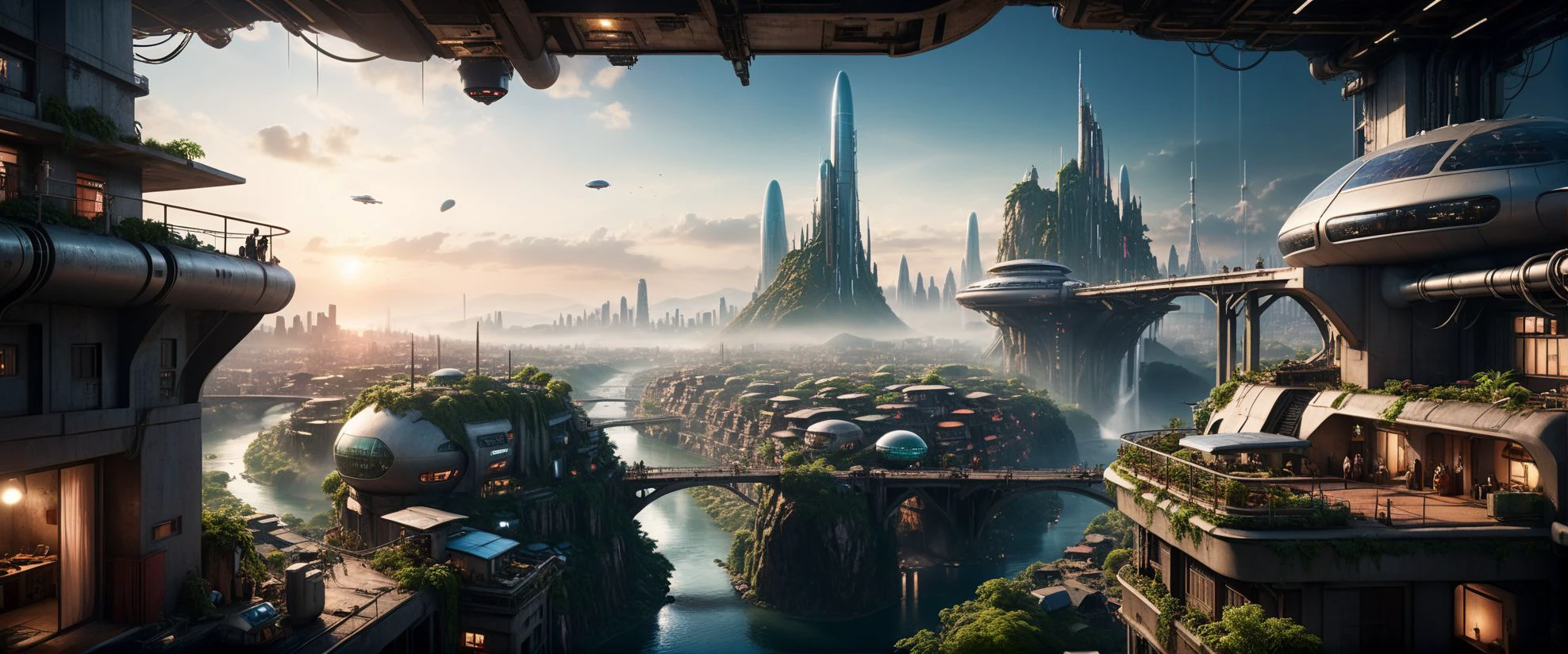cinematic view of eschatological landscape of a futuristic sci fi city, harmonious, bridges, waterfalls, sci fi, (ultra realistic:1.2), (cables, antennas, parabolic receptors on rooftops, conditionning air systems:1.3), sinuous river, side, vegetation, holograms, sunset, happy life, flying taxis, drapery on windows, (full of life:1.2), high resolution, city, view from above, from the ledge, slums, hyper detailled view, intricate city, atmospheric lighting, high contrast, dar mood, gigantism, ultra large wide angle, full view, <lora:xl_more_art-full_v1:0.6> <lora:br_max:0.3> <lora:SDS_Contrast tool_XL:0.3>, shallow depth of field, vignette, highly detailed, high budget, bokeh, cinemascope, moody, epic, gorgeous, grainy, , 8k uhd, dslr, soft lighting, high quality, (film_grain:1.2), cinematic style, Leica M4, 50mm f/1.4 lens, f/2.8, ISO 400, 1/125 sec,