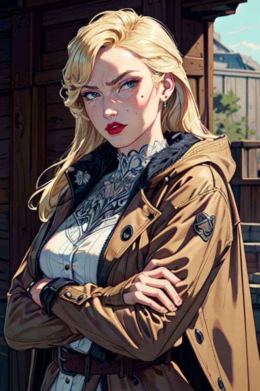 (masterpiece:1.2), (best quality), (ultra detailed), (8k, 4k, intricate),(half body:1.2),(cowboy:1.2),(highly detailed:1.2),(detailed face:1.2), (detailed background),(portrait),detailed landscape,(dynamic pose:1.2),<lora:more_details:0.5>, <lora:helgaV2:0.7>helga 1girl, solo,long hair, blonde hair, mole, coat, mole under eye, makeup, crossed arms, lipstick