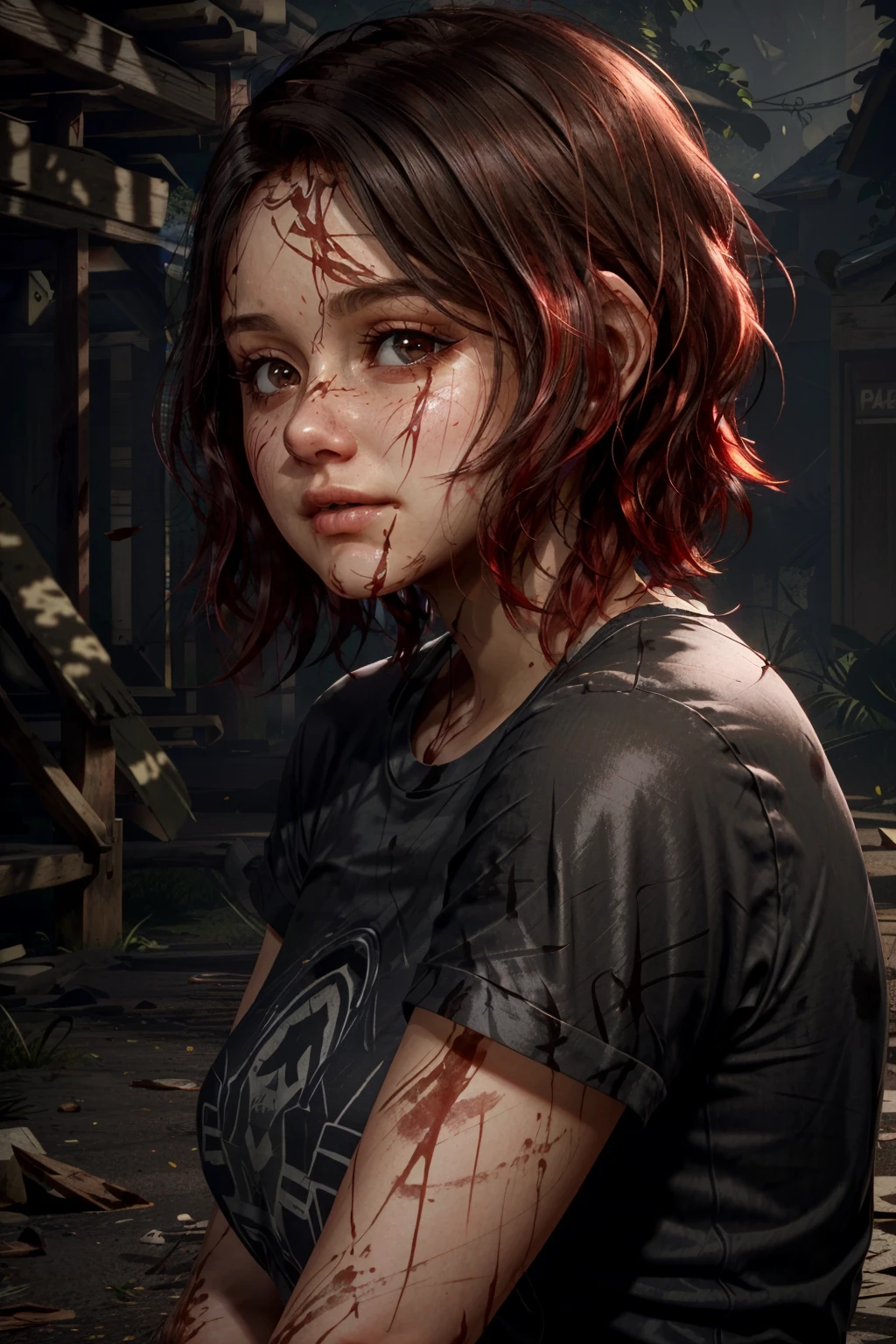 (masterpiece, best quality) <lora:epi_noiseoffset2:1> <lora:add_detail:0.7> <lora:QuarryAbigail:0.8>
QuarryAbigail, 1girl, solo, looking at viewer, short hair, shirt, black hair, brown eyes, closed mouth, upper body, short sleeves, red hair, from side, lips, black shirt, blood, t-shirt, blood on face, realistic
