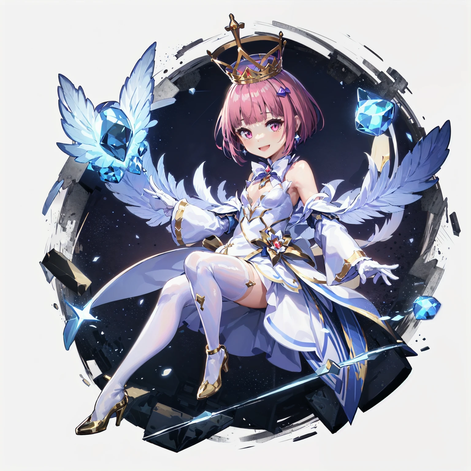 , masterpiece, absurdres, event horizon, black hole, light,
chibi, floating, smile,
, akisa, short hair, magicaorigin, crown, aiguillette, gem, earrings, purple bow, bowtie, white dress, bare shoulder, feathers, white gloves, layered skirt, gold trim, white thighhighs, high heels,
<lora:MGCM-akisa-t1-000090:0.7>