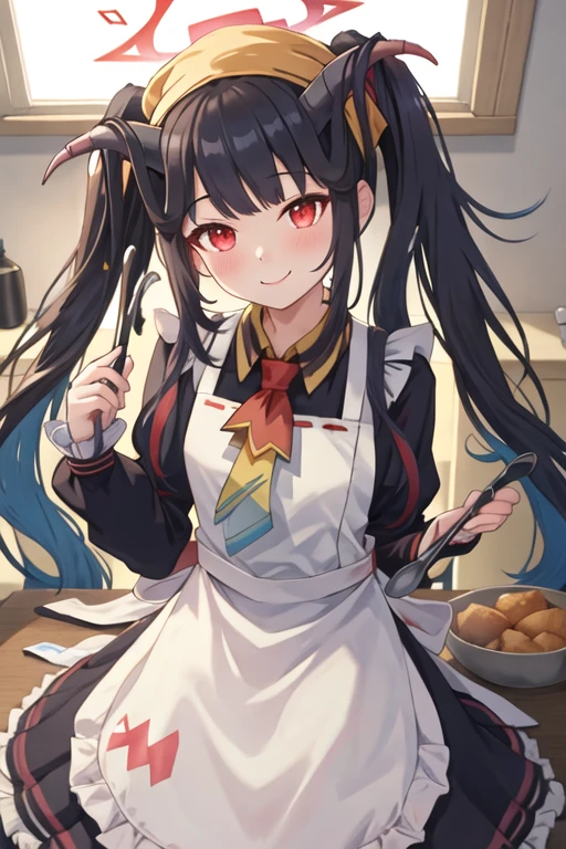best quality, masterpiece, highres, solo, {fuuka_bluearchive:1.15}, horns, long_hair, black_hair, halo, red_eyes, blush, bangs, twintails, apron, smile, demon_horns, hair_on_horn, 1girl, black_horns, closed_mouth, frilled_sleeves, frills, head_scarf, long_sleeves, dress, frilled_apron, looking_at_viewer, necktie, collared_dress, holding, white_apron, ladle