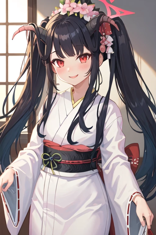 best quality, masterpiece, highres, solo, {white kimono:1.35}, {red hakama:1.35}, {wide sleeves:1.20}, {fuuka_bluearchive:1.15}, horns, long_hair, black_hair, halo, red_eyes, blush, bangs, twintails, apron, smile, demon_horns, hair_on_horn
