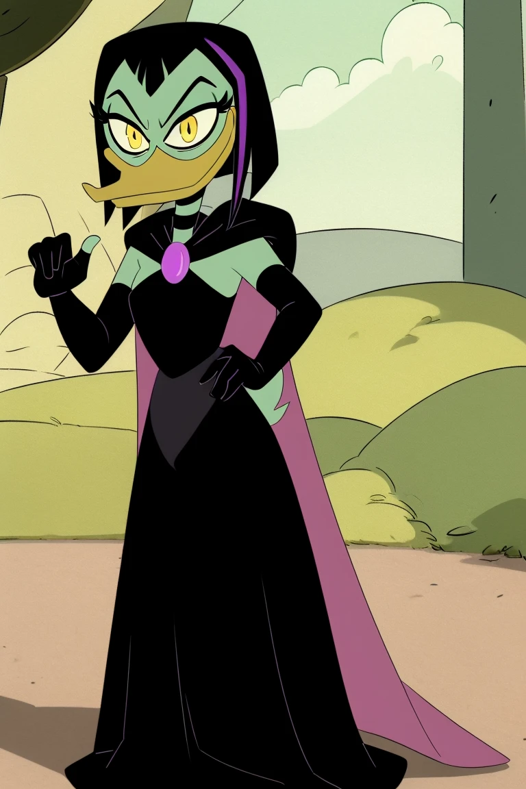 <lora:Magica De Spell V1:0.7> (ducktales:1.4) (by kyurisawa:1.2) (by chelodoy:1) (by ashraely:1) (anthro duck:1.2) solo, magica de spell, female, anthro, duck, beak, ducktales, black hair, elbow gloves, fingerless gloves, cape, black dress, green skin, narrowed eyes, smile, standing, black mascara, choker, yellow eyes, full-length portrait:1.1