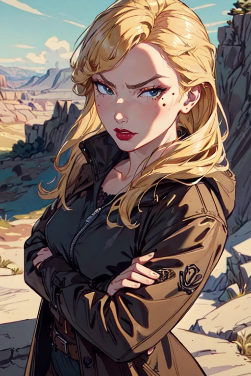 (masterpiece:1.2), (best quality), (ultra detailed), (8k, 4k, intricate),(half body:1.2),(cowboy:1.2),(highly detailed:1.2),(detailed face:1.2), (detailed background),(portrait),detailed landscape,(dynamic pose:1.2),<lora:more_details:0.5>, <lora:helgaV2:0.7>helga 1girl, solo,long hair, blonde hair, mole, coat, mole under eye, makeup, crossed arms, lipstick