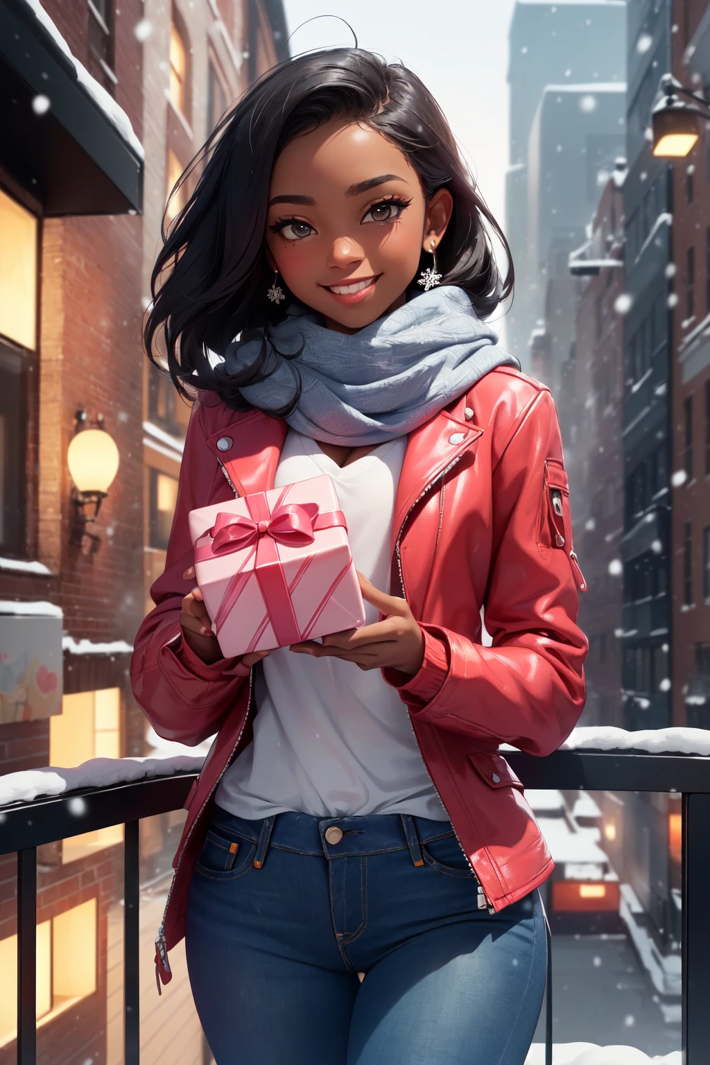 (masterpiece, best quality:1.4), (beautiful, aesthetic, perfect, delicate, intricate:1.2), (cute, adorable), (bokeh, depth of field:1.2), 8k, hdr, unity, wallpaper, (1girl, solo), colorful, vivid colors, moody, mood lighting, (cinematic lighting), cinematic, (dark skin, black skin, ebony:1.2), (holding a gift box:1.4), shy, (smiling, smile), (red jacket), (pink scarf), (jeans panties), skyline, city, snowing, snow, snowflakes, winter, (leaning on a balcony),