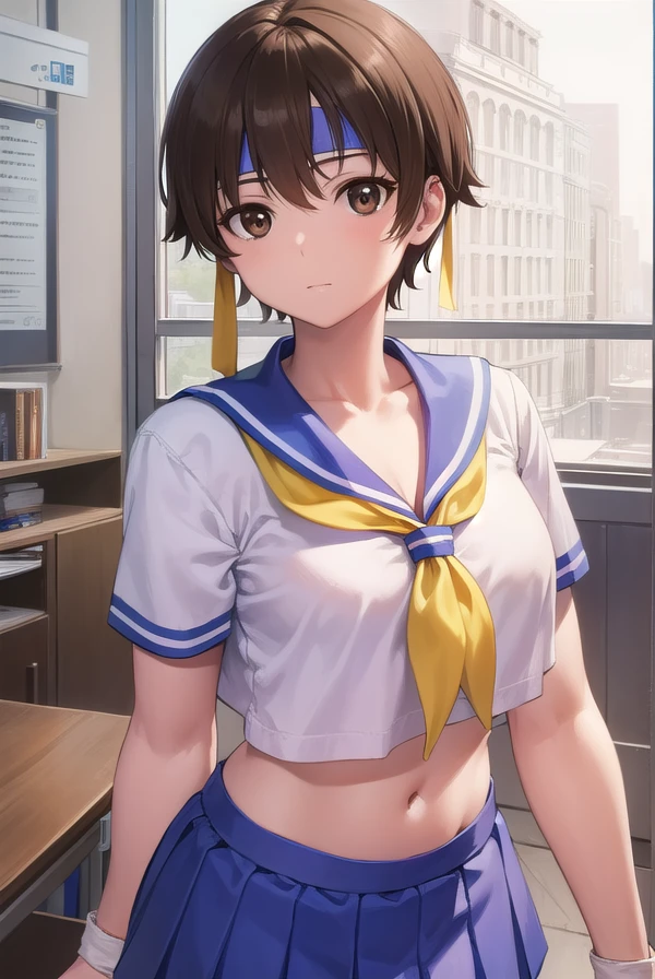 sakurakasugano, <lora:sakurakasugano-lora-nochekaiser:1>,
sakura kasugano, (brown eyes:1.7), brown hair, short hair,
BREAK ankle socks, blue skirt, crop top, headband, midriff, miniskirt, navel, sailor collar, school uniform, shoes, short sleeves, skirt, sneakers, socks, stomach, shirt, white shirt, white headband, gloves, red gloves,
BREAK cowboy shot, looking at viewer,
BREAK indoors, classroom,
BREAK <lyco:GoodHands-beta2:1>, (masterpiece:1.2), best quality, high resolution, unity 8k wallpaper, (illustration:0.8), (beautiful detailed eyes:1.6), extremely detailed face, perfect lighting, extremely detailed CG, (perfect hands, perfect anatomy),