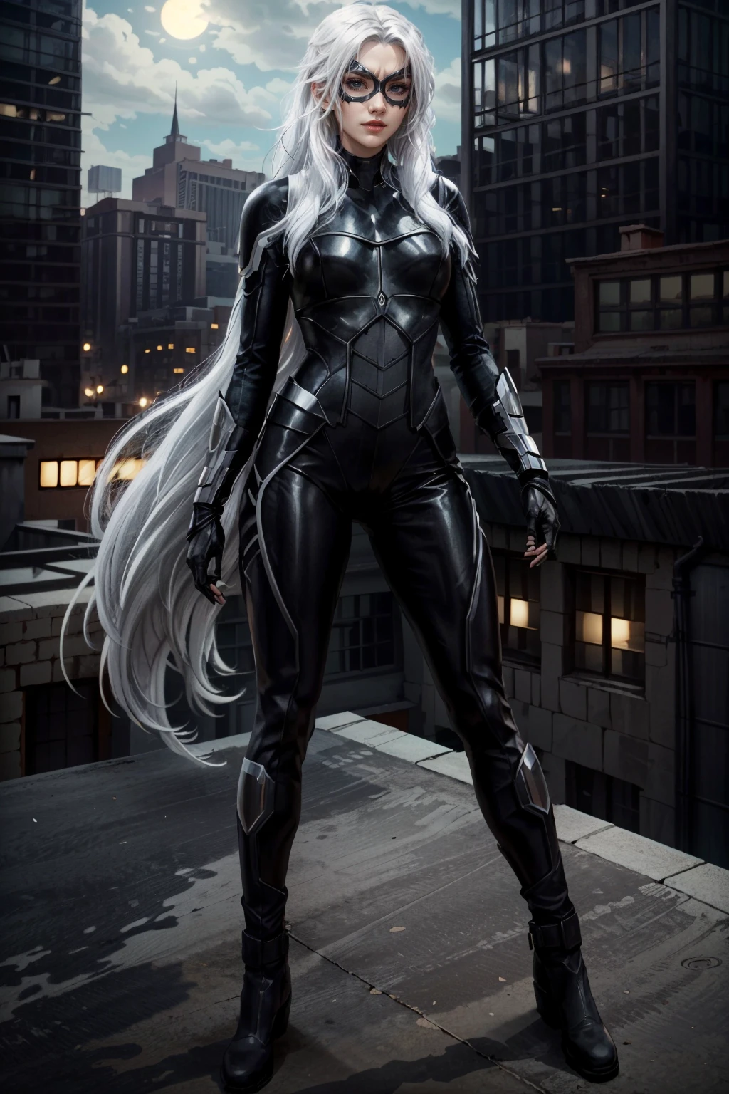 (masterpiece, best quality) <lora:epi_noiseoffset2:1> <lora:add_detail:0.7> <lora:MarvelBlackCat:0.8>
MarvelBlackCat, 1girl, solo, long hair, white hair, mask, seductive, standing in a rooftop scene, highly detailed, 8k, concept art, dramatic lighting