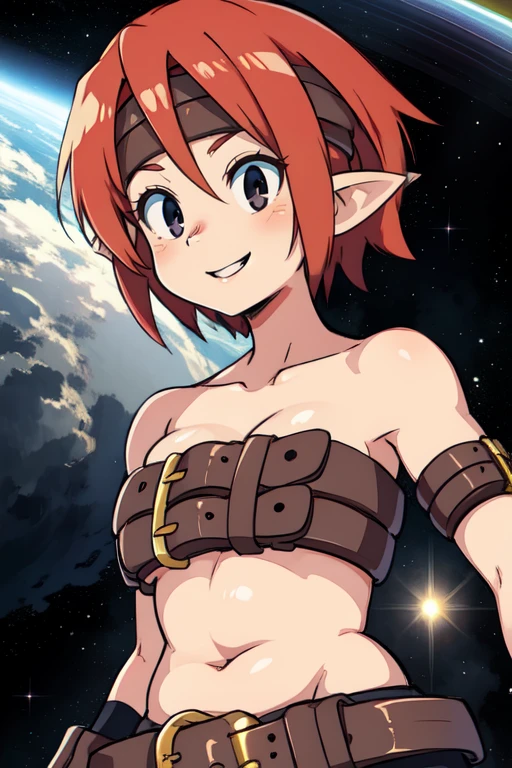 Valkyrie,  pixie cut, headband, pointy ears, black eyes,  red hair,  dark skin,  plump,  thick, 
bare shoulders, bike shorts,midriff,beltbra,beltskirt, belt bracers, bike shorts,  
outer space, stars,  cowboy shot,  
(insanely detailed, beautiful detailed face, masterpiece, best quality) 
smile, 
 <lora:LadyFighter:0.7>  standing, solo, upper body,