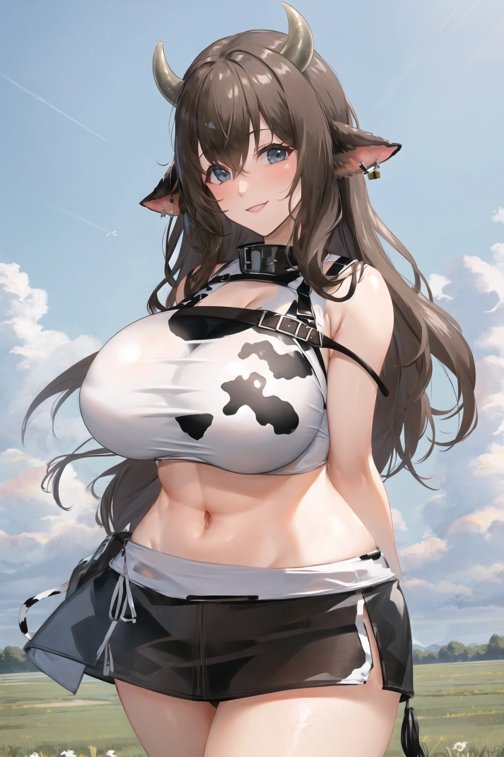 <lora:3ly2:0.6>, cow girl, gigantic breasts, cow ears, cow tail, cow print, crop top, short shorts, field, smile, looking at viewer