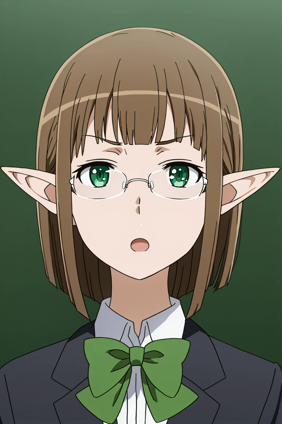 eina, anime_art_style, 1girl, solo, looking_at_viewer, short_hair, open_mouth, brown_hair, bow, school_uniform, green_eyes, glasses, pointy_ears, bowtie, :o, parody, elf, rimless_eyewear, official_style, anime_coloring