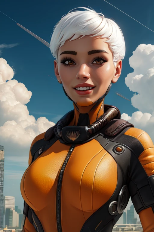 Valk, white hair, short hair, brown eyes,
orange bodysuit,
smile, covered navel, tight,
upper body, standing,
outside, clouds, cyberpunk, airbase,
(insanely detailed, beautiful detailed face, masterpiece, best quality) solo, <lora:ValkAPL:0.7>