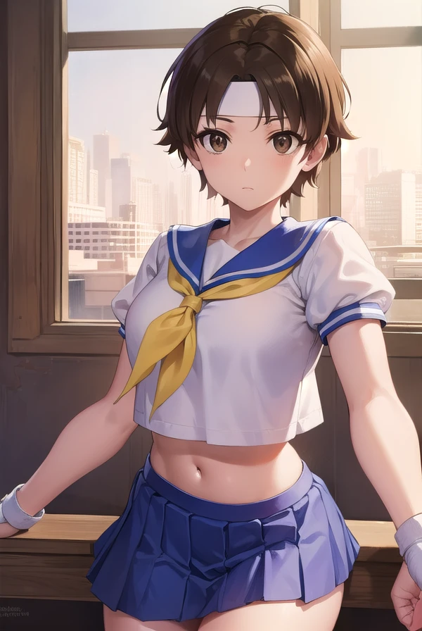 sakurakasugano, <lora:sakurakasugano-lora-nochekaiser:1>,
sakura kasugano, (brown eyes:1.7), brown hair, short hair,
BREAK ankle socks, blue skirt, crop top, headband, midriff, miniskirt, navel, sailor collar, school uniform, shoes, short sleeves, skirt, sneakers, socks, stomach, shirt, white shirt, white headband, gloves, red gloves,
BREAK cowboy shot, looking at viewer,
BREAK indoors, classroom,
BREAK <lyco:GoodHands-beta2:1>, (masterpiece:1.2), best quality, high resolution, unity 8k wallpaper, (illustration:0.8), (beautiful detailed eyes:1.6), extremely detailed face, perfect lighting, extremely detailed CG, (perfect hands, perfect anatomy),