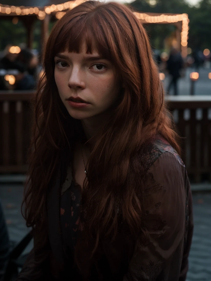 bokeh,halfbody,cinematic light,DSLR,masterpiece,high detailed,red hair with bangs,dark mood,<lora:any4tayl0r:1>,any4tayl0r