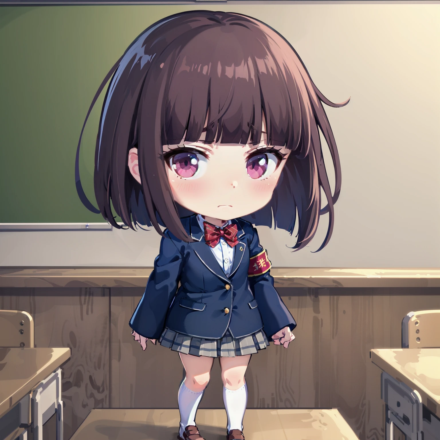 , masterpiece, absurdres, council room, desk whiteboard, magic pen,
chibi, standing, frown,,
, akisa, short hair, school uniform, blazer, armband, long sleeves, sleeves past fingers, red bowtie, white shirt, pleated skirt, plaid skirt, grey skirt, white socks, sandals
<lora:MGCM-akisa-t1-000090:0.7>