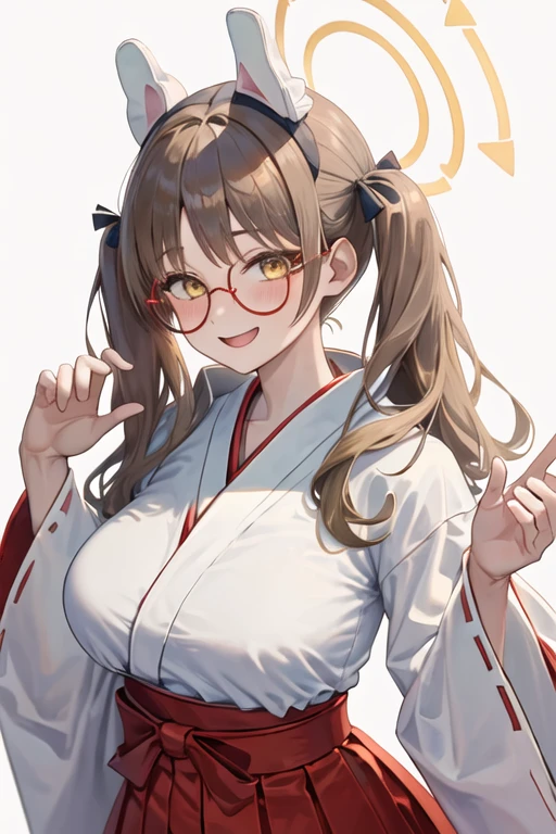 best quality, masterpiece, highres, solo, {white kimono:1.35}, {red hakama:1.35}, {wide sleeves:1.20}, {moe_bluearchive:1.15}, twintails, brown_hair, long_hair, blush, halo, bangs, yellow_eyes, breasts, animal_ears, large_breasts, glasses, open_mouth, fake_animal_ears, smile, round_eyewear, rabbit_ears, hair_ornament, pom_pom_hair_ornament
