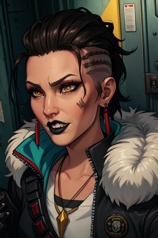 MadMaggie, hair slicked back, yellow eyes, black lips, eyeshadow, right facial tattoo , solo, chest tattoo, 
standing, upper body,  smug,teeth,  cowboy shot,  
black jacket,spikes,white shirt ,black footwear, black fingerless gloves, red earrings,fur trim,necklace, spikes
prison cell,   cyberpunk,  
 (insanely detailed, beautiful detailed face, masterpiece, best quality) <lora:MadMaggie-10v6:0.7>