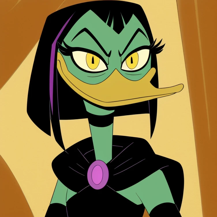 <lora:Magica De Spell V1:0.7> (ducktales:1.4) (by kyurisawa:1.2) (by chelodoy:1) (by ashraely:1) (anthro duck:1.2) solo, magica de spell, female, anthro, duck, beak, ducktales, black hair, elbow gloves, fingerless gloves, cape, black dress, green skin, narrowed eyes, smile, standing, black mascara, choker, yellow eyes, bust portrait