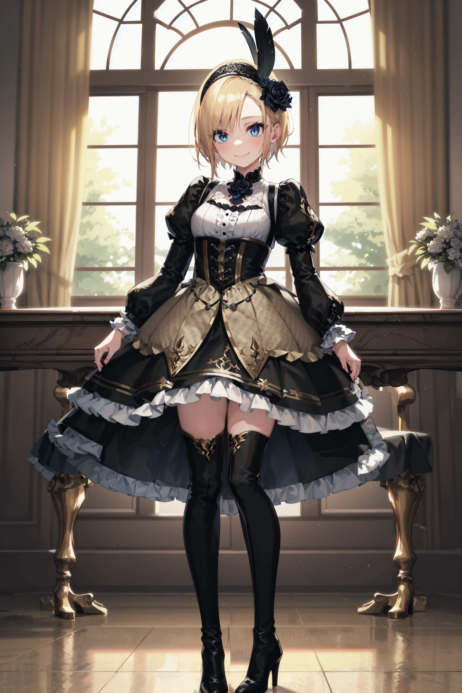 absurdres, high detail, uhd, indoor, antique house,
standing, v arms, looking at viewer, light smile,
solo, eriza, short hair, wedding dress, black feathers, head feather, black hairband, hair flower, black rose, brown dress, puffy sleeves, long Sleeves, long skirt, layered skirt, brown skirt, black skirt, frills, black footwear, high heel boots
<lora:MGCM-eriza-t1-000050:0.7>