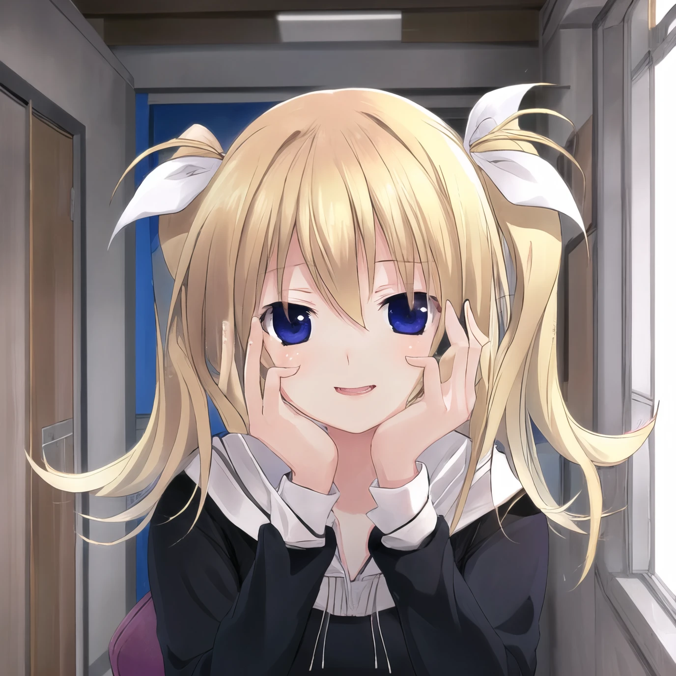 best quality, masterpiece, ultra-detailed, best quality, 1 girl, Arimura, school uniform, blonde hair, blue eyes, hair ribbon, white ribbon, yandere trance, yandere, hands on own face,hands on own cheeks, closeup