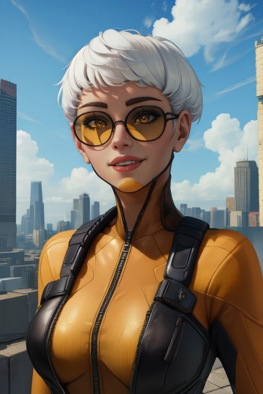 Valk,white hair,short hair,brown eyes,
(yellow shades:1.5),orange bodysuit,
smile,
upper body,standing,
outside,clouds,rooftop,cyberpunk,
(insanely detailed, beautiful detailed face, masterpiece, best quality) solo,<lora:ValkAPL:0.7>,