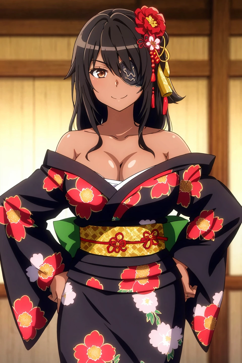 collbrande, anime_art_style, 1girl, solo, long_hair, breasts, looking_at_viewer, smile, bangs, large_breasts, black_hair, hair_ornament, long_sleeves, bow, cleavage, bare_shoulders, brown_eyes, medium_breasts, closed_mouth, standing, collarbone, flower, cowboy_shot, japanese_clothes, shiny, indoors, hair_flower, dark_skin, kimono, off_shoulder, red_bow, shiny_hair, dark-skinned_female, sash, obi, eyepatch, floral_print, red_flower, hair_over_shoulder, hands_on_hips, sarashi, print_kimono, black_kimono, open_kimono