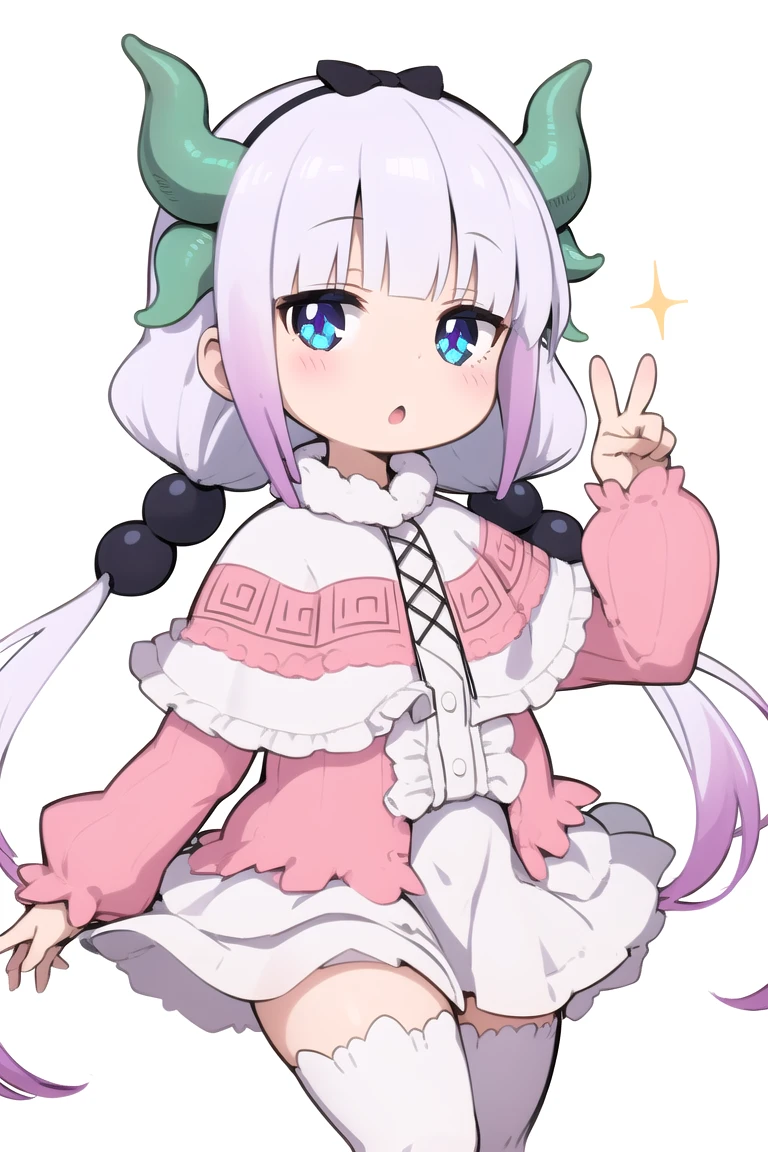 1girl, <lora:SaiKanna:1> , imkanna, dragon horns, low twintails, dress, capelet, white thighhighs, peace_sign, :o, white background, sparkle,