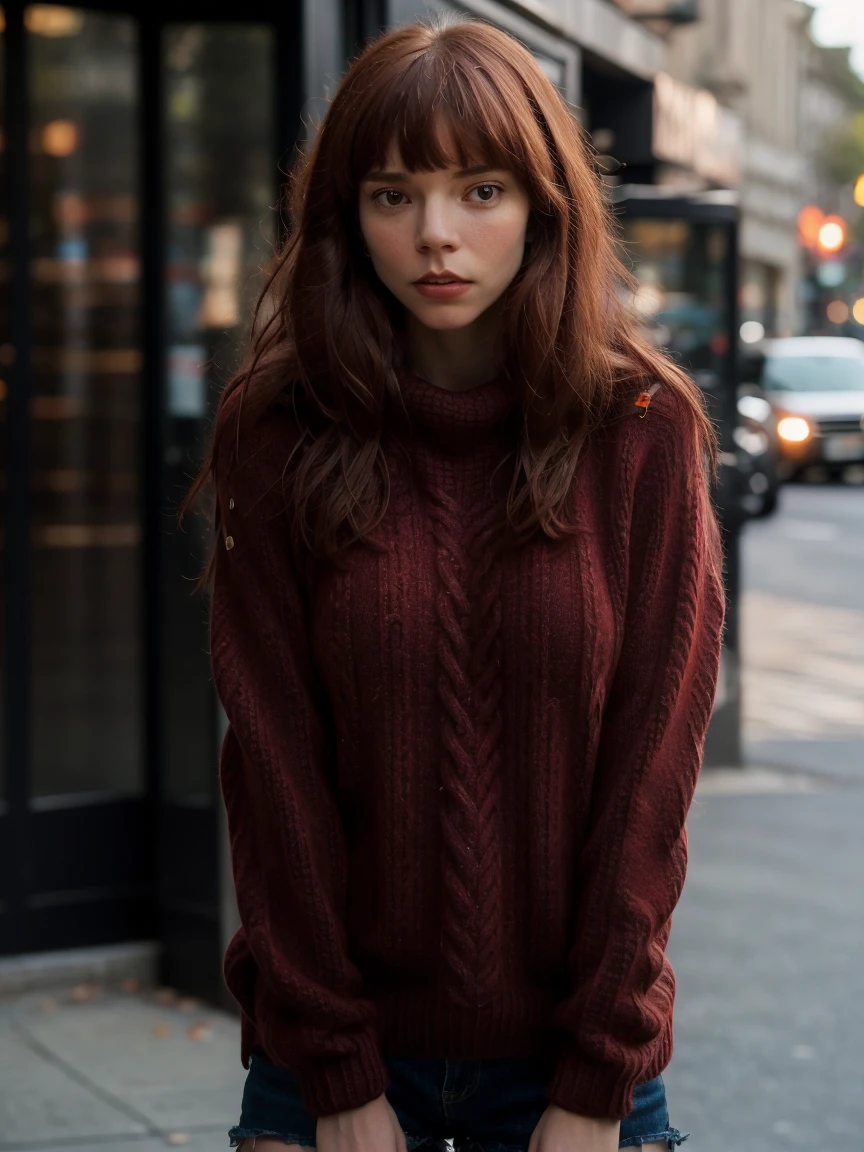 any4tayl0r,a woman,bokeh,((front)),halfbody,cinematic light,DSLR,masterpiece,high detailed,dark mood,red hair with bangs,wearing sweater,<lora:any4tayl0r:1>,dynamic pose,