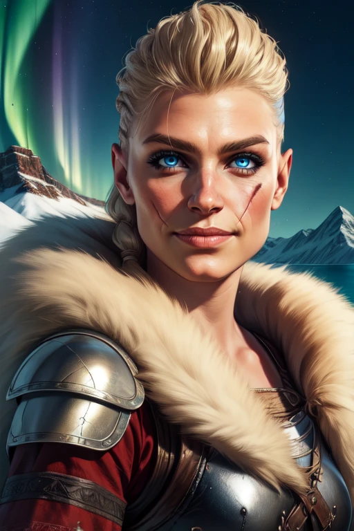 Eivor, left cheek scar, blonde hair, blonde hair, hair to side, blue eyes,
armor , leather armor, fur trim,jewelry, smile,
upper body, standing, looking at viewer,
northern lights, mountains, cold,
(insanely detailed, beautiful detailed face, masterpiece, beautiful detailed eyes, best quality)
<lora:Eivor-10v6:0.8>